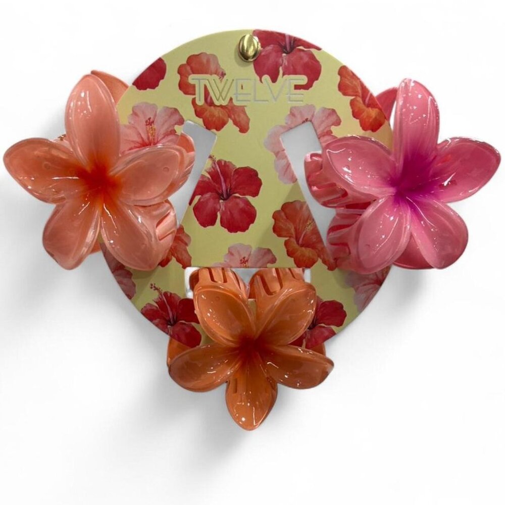 3 Pc Warm Tone Flower Hawaiian Claw Clips - Pink/Orange Floral Hair Clips